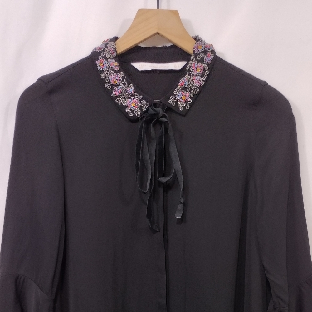 NWOT Zara Beaded Collar Blouse Women's S Black Boho Retro Y2K 90s Vintage - Picture 2 of 10